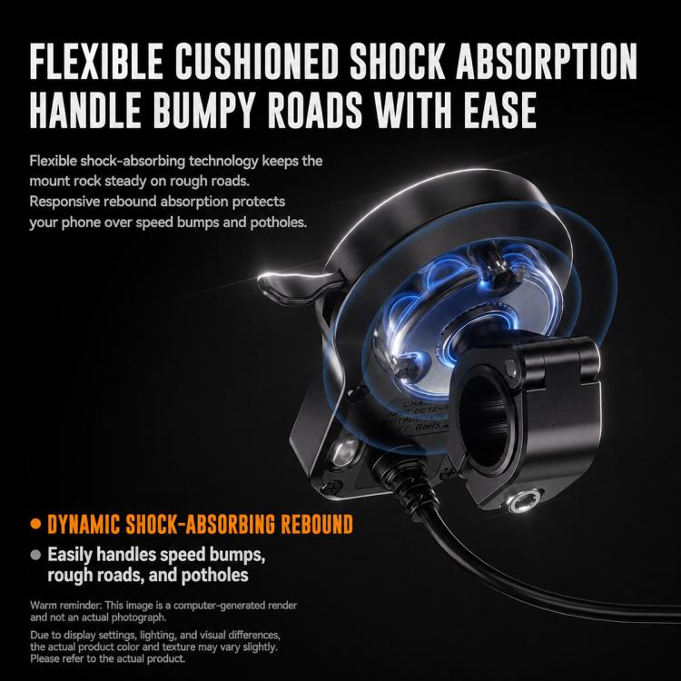 Black motorcycle phone charger mount with cushioned shock-absorbing handle