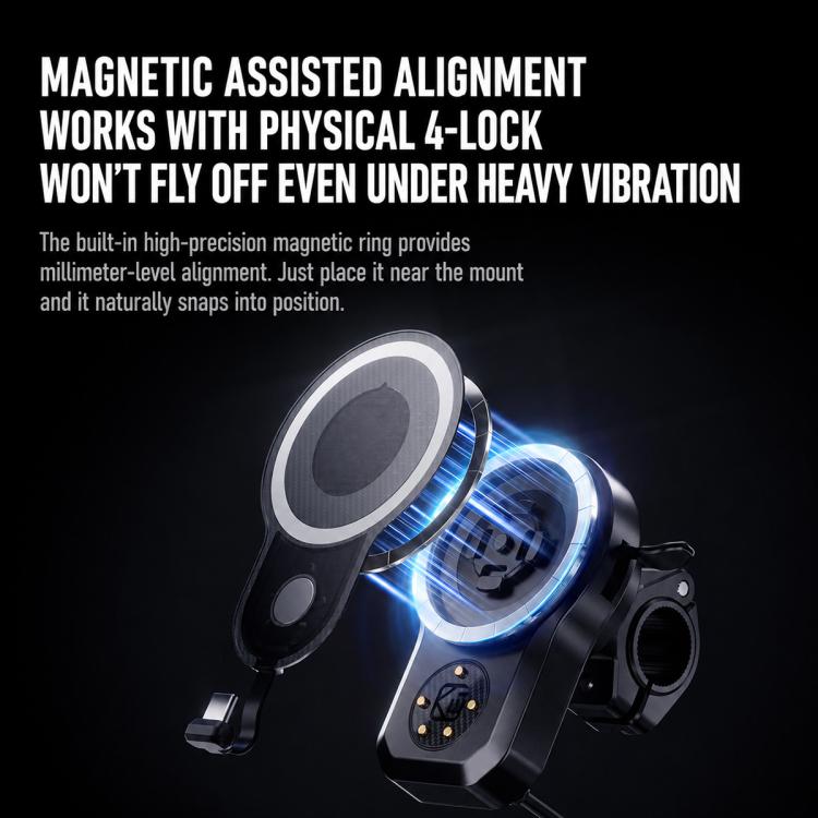Black motorcycle magnetic phone charger mount with illuminated magnetic alignment ring