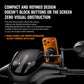 Compact black motorcycle phone charger mount holding an orange phone on handlebars