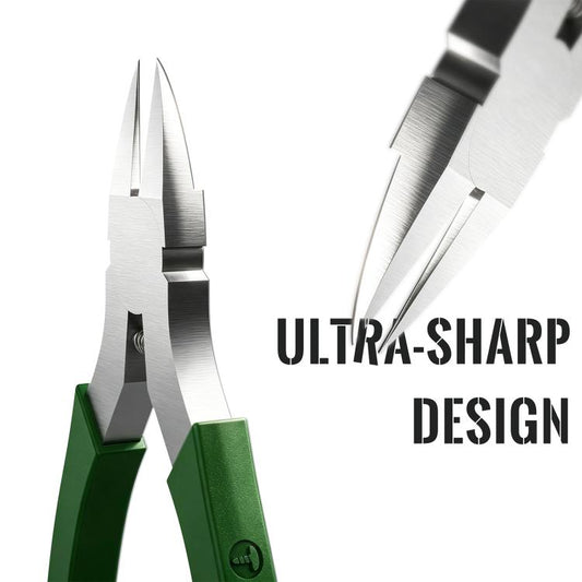 Green-handled stainless steel cutting pliers with long narrow jaws