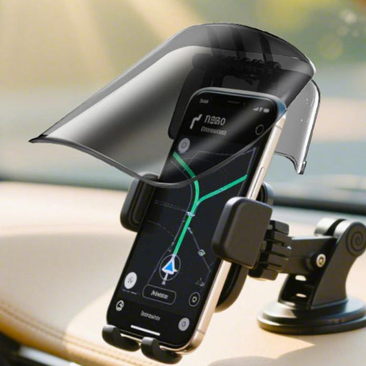 Hat-style car phone holder with dark sunshade, adjustable clamp and mount base