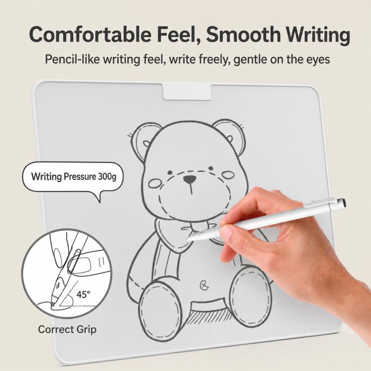 Magnetic whiteboard with bear artwork and a hand writing with a stylus