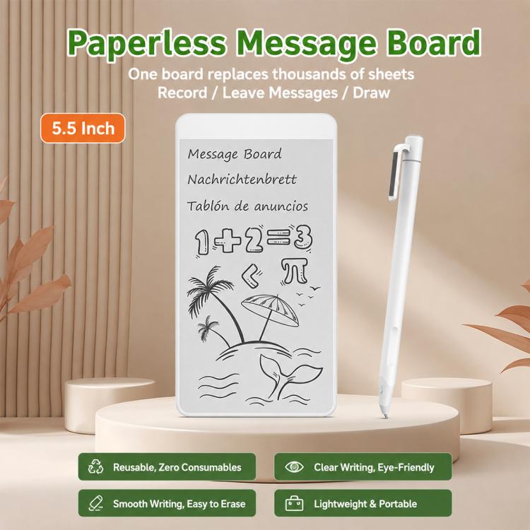 5.5-inch paperless message board with white stylus pen, front view