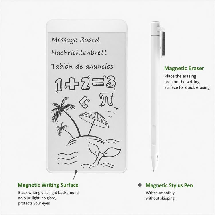 5.5-inch message board with magnetic eraser and stylus pen, front and side