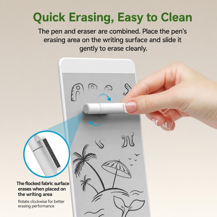 5.5-inch paperless message board being erased with combined stylus/eraser