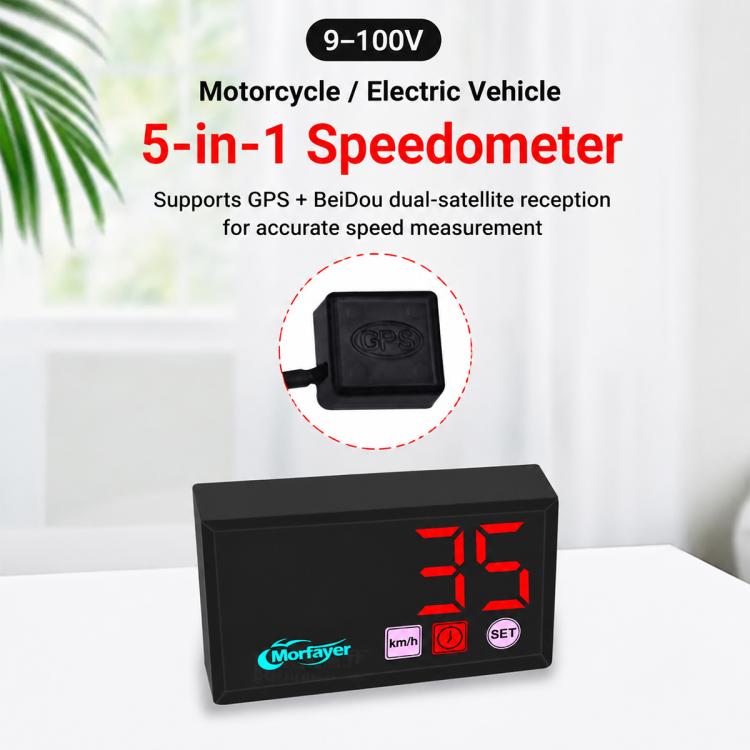 5-in-1 speedometer with GPS module, black case, red LED readout and km/h icon