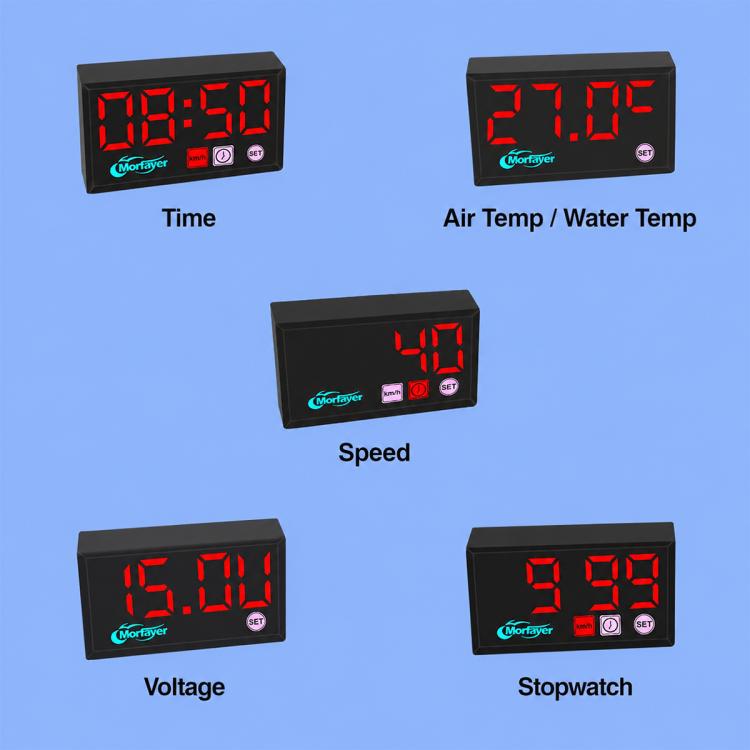 5-in-1 speedometer modes shown: time, speed, voltage, stopwatch, air/water temp