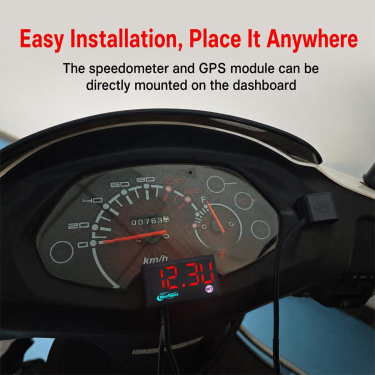 5-in-1 speedometer mounted on motorcycle dashboard, red LED digits and Morfaver logo