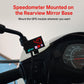 5-in-1 speedometer mounted on rearview mirror base, red LED digits and Morfaver logo