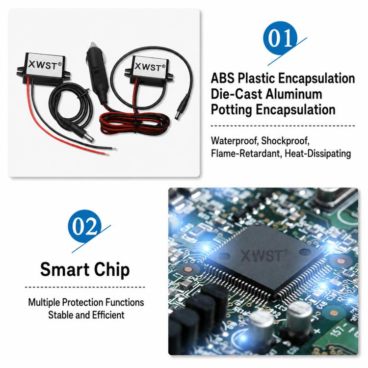 Car DC power module with ABS housing, smart chip board, and connected wires