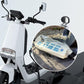 Transparent waterproof cover draped over outdoor power strip charger on vehicle handlebars