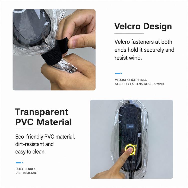 Transparent PVC waterproof cover showing velcro fasteners at both ends