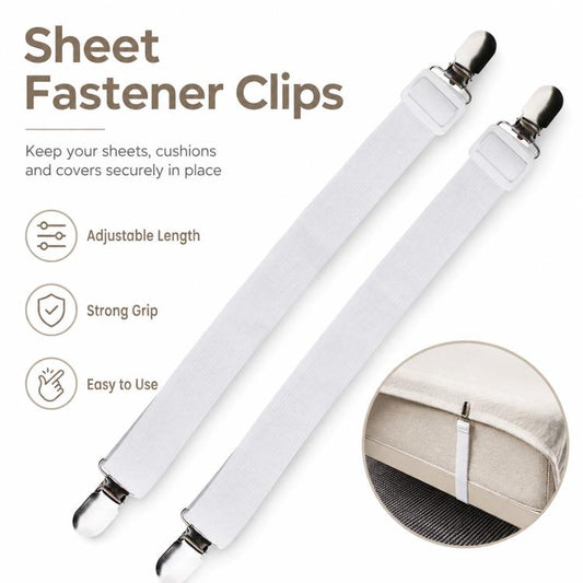 Two white sheet fastener clips with metal clasps on elastic straps
