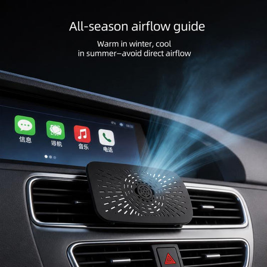 Car AC vent wind deflector covering dashboard air vent with visible airflow