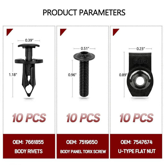 10 PCS/Set U-shaped Flat Clip Nut Fastener Rivet Clips Car Body Panel Torx Screws