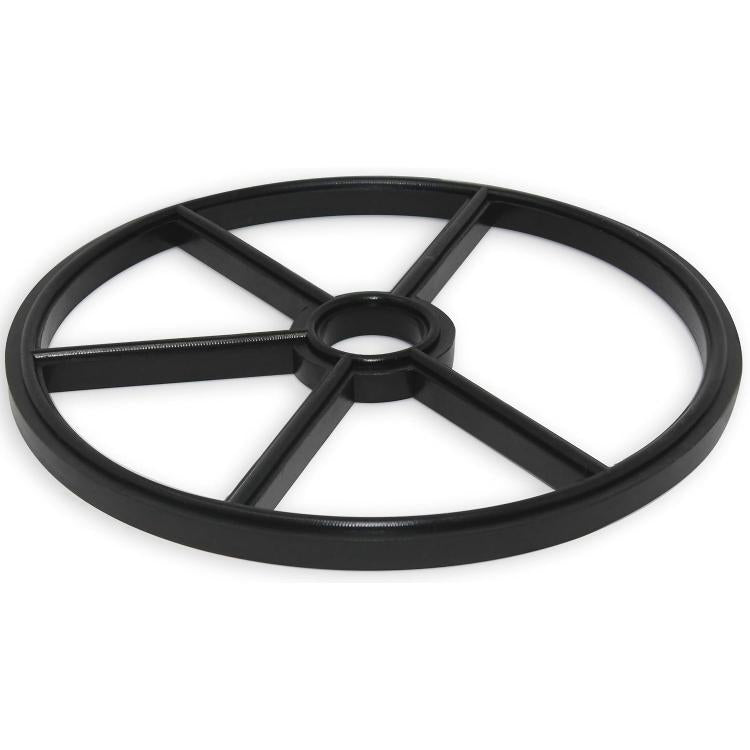 Black valve seat gasket with outer ring, crossbar spider, and center opening
