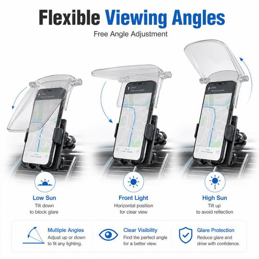 Transparent phone sunshade holder showing flexible viewing angles adjustment