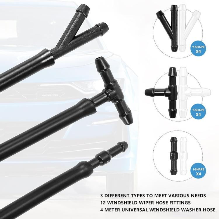Black windshield washer hose kit with multiple spray jet nozzles and fittings