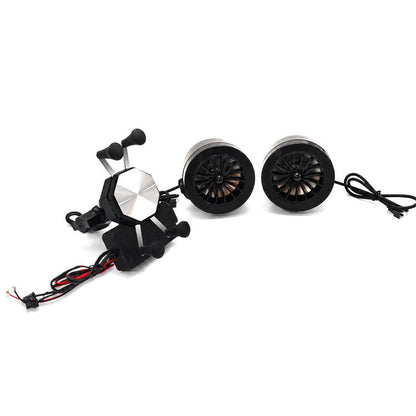Motorcycle phone mount speaker with two horn-style speakers and rearview mirror clamp