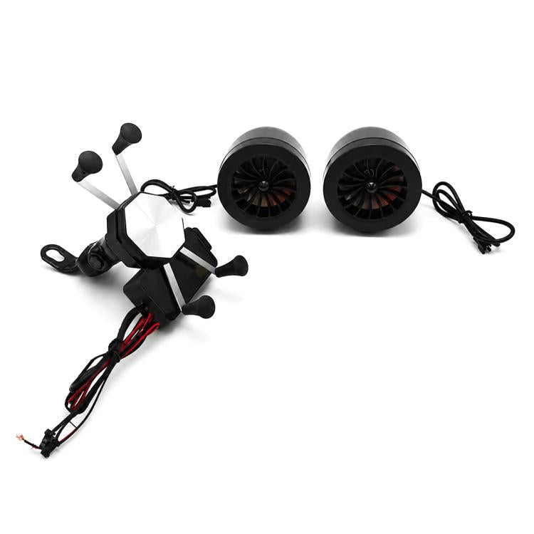 Motorcycle phone mount speaker kit with dual horn speakers and mirror mounting bracket