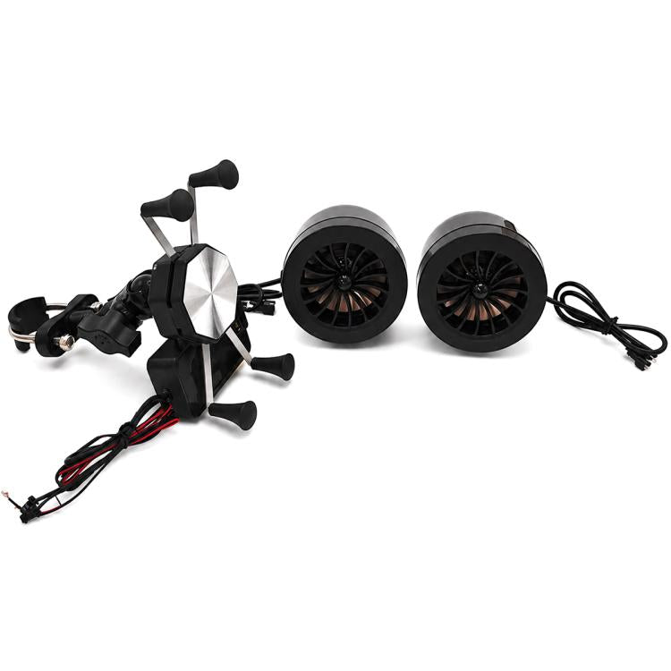Motorcycle phone mount speaker with two speakers, wiring included, mirror clamp mount