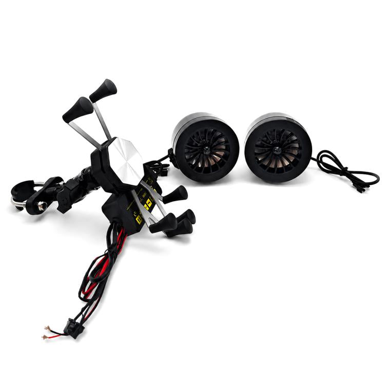Motorcycle phone mount speaker set with two horn speakers and clamp bracket