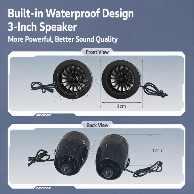 Dual 3-inch speaker design for motorcycle mount speaker with front and back views