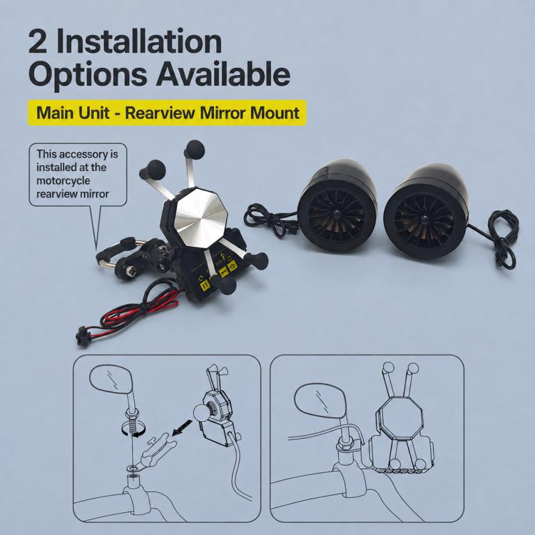 Motorcycle Bluetooth speaker set with rearview mirror mount and two round speaker pods