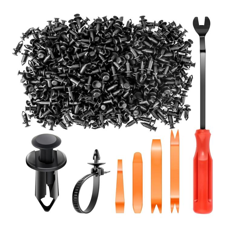 400 black 8mm rivet clips with black-and-red installation tool