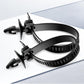 Black plastic rivet clips with snap strap, for securing trim panels