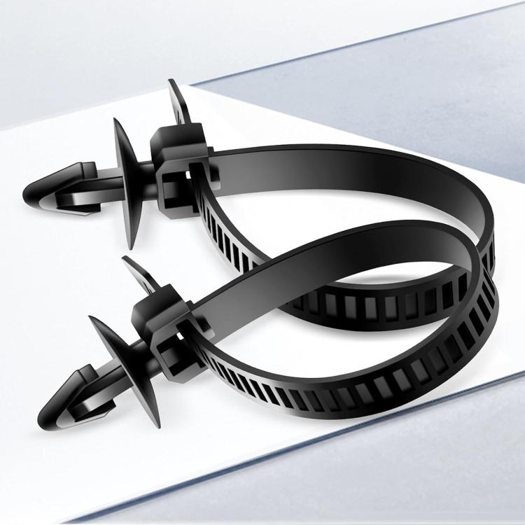 Black plastic rivet clips with snap strap, for securing trim panels