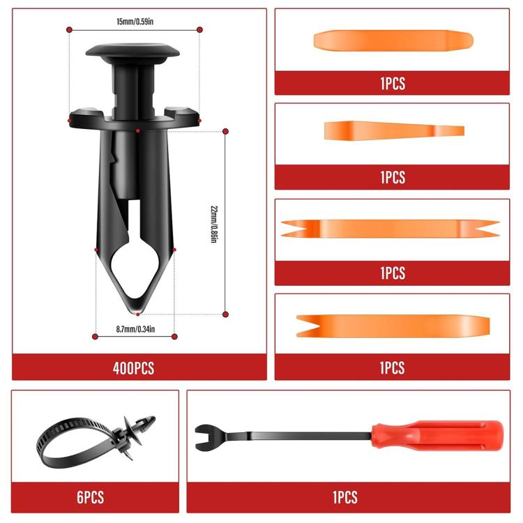 Diagram of 400 black 8mm rivet clips and included snap tool