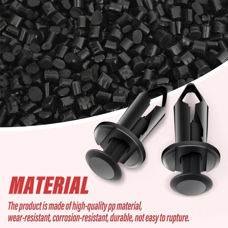 Black plastic 8mm rivet clips, close-up of snap fastener heads