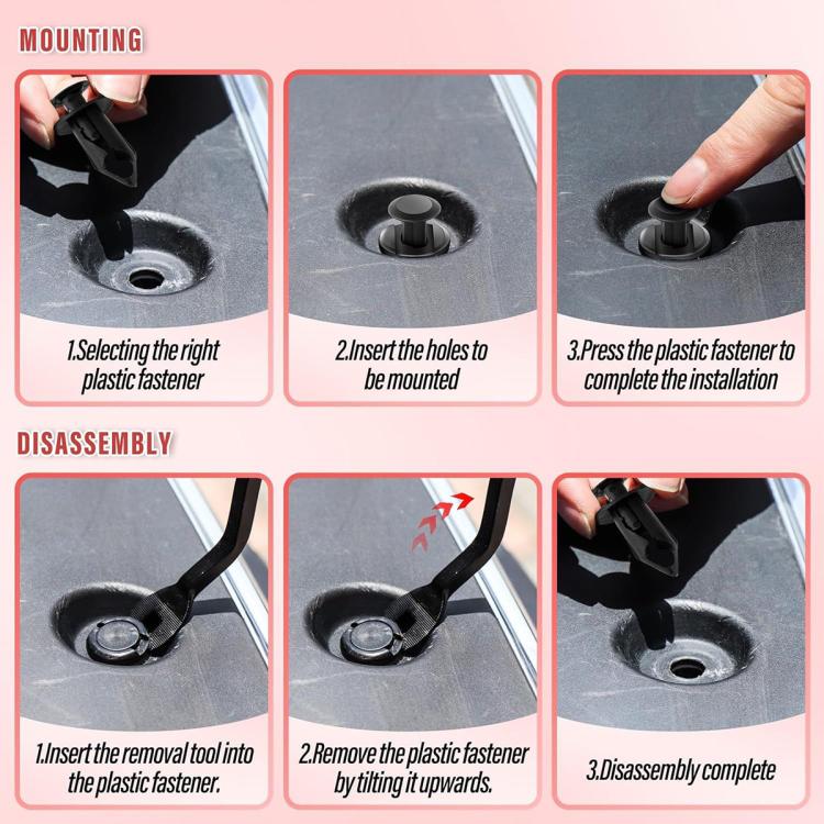 Black rivet clip mounting and removal with installation tools
