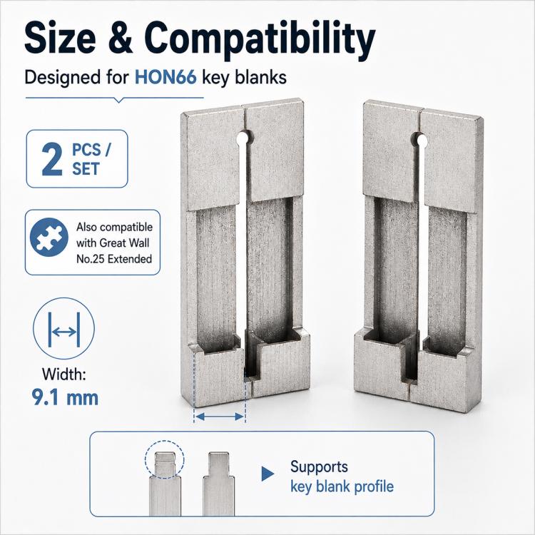 HON66 key blank clamp set, 2 pcs: brushed metal vertical key holders, 9.1 mm width