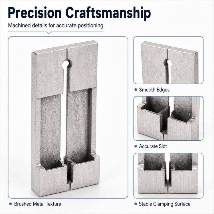 Brushed metal 2-piece key clamp fixture with smooth edges and precise slots