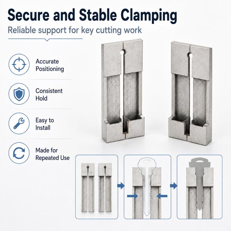 2-piece key blank clamping fixture with stable metal holders for repeatable cutting work