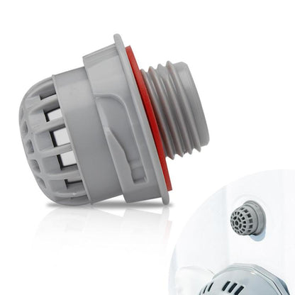 Gray pool debris screen filter with red gasket ring and ribbed connector, side view