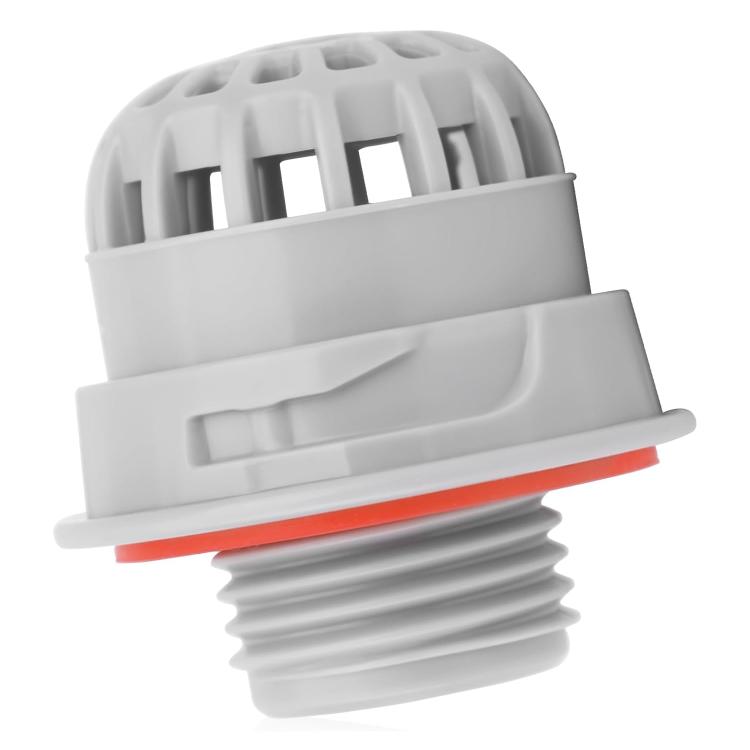 Gray top debris screen filter with vent holes and red ring base, front close-up