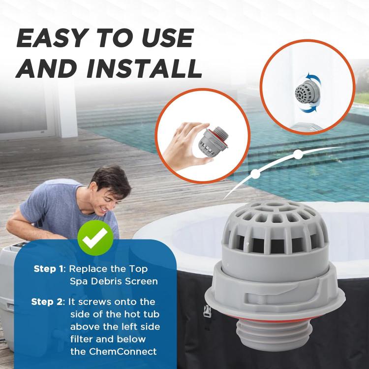 Gray spa filter top debris screen with red ring and threaded base, installation view