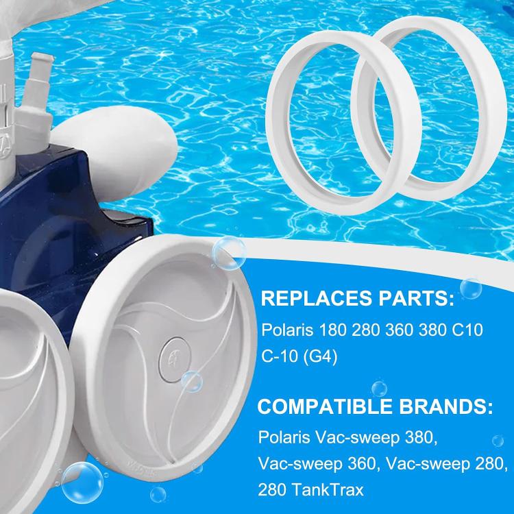Pool cleaning sweeper tires set of 3 white circular rings, shown by a pool