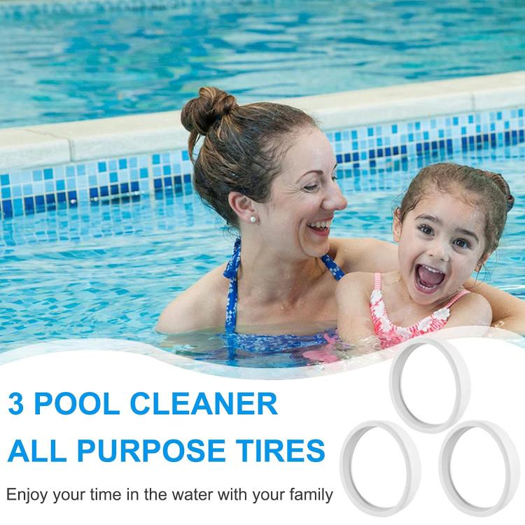 Pool cleaning sweeper tires set of 3 white circular rings, close view