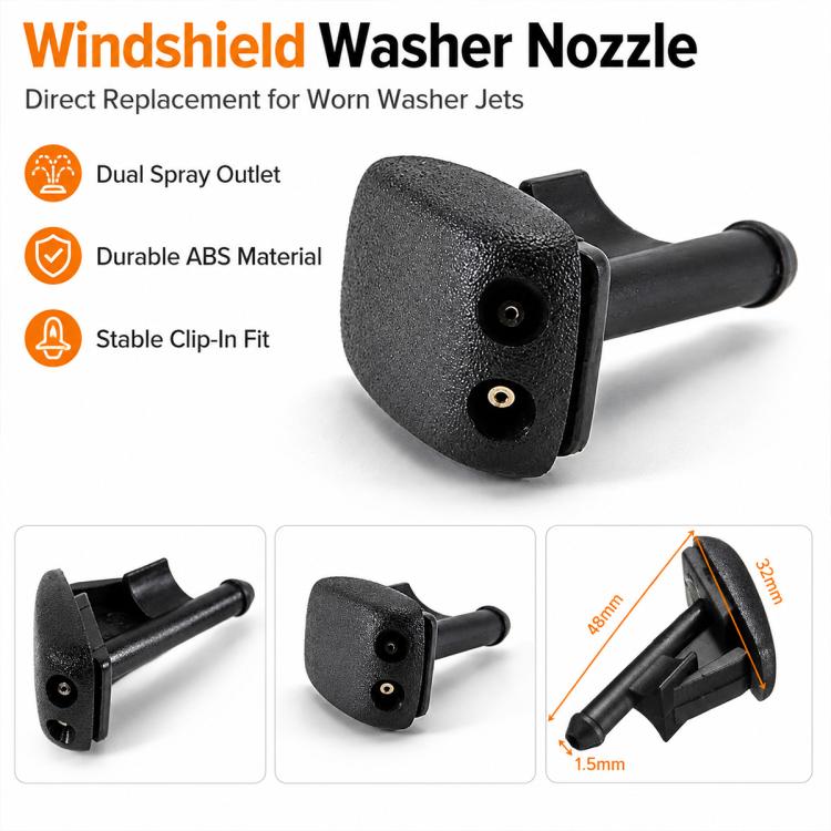 Windshield washer nozzle, black textured ABS housing with dual outlet fitting