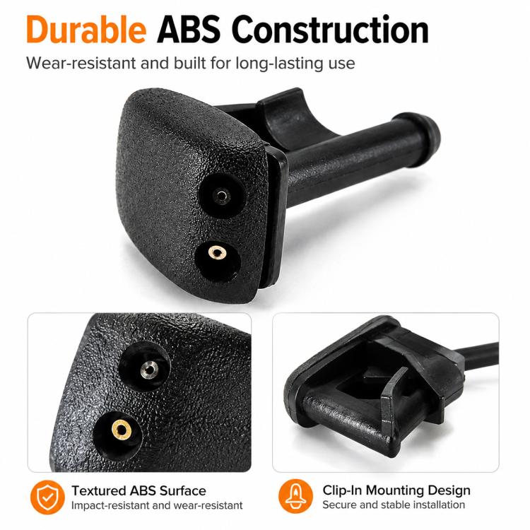 Windshield washer nozzle with textured ABS face and clip-in mounting design