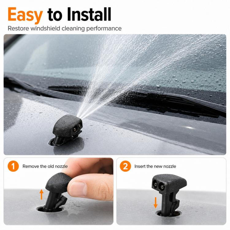 Windshield washer nozzle installed on glass, spraying a fan-shaped stream