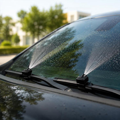 Windshield washer nozzle set spraying a fan pattern onto the car windshield