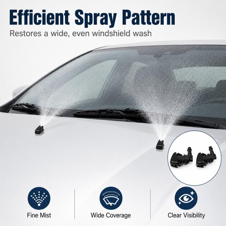 Windshield washer nozzle set producing a wide, even spray pattern on glass