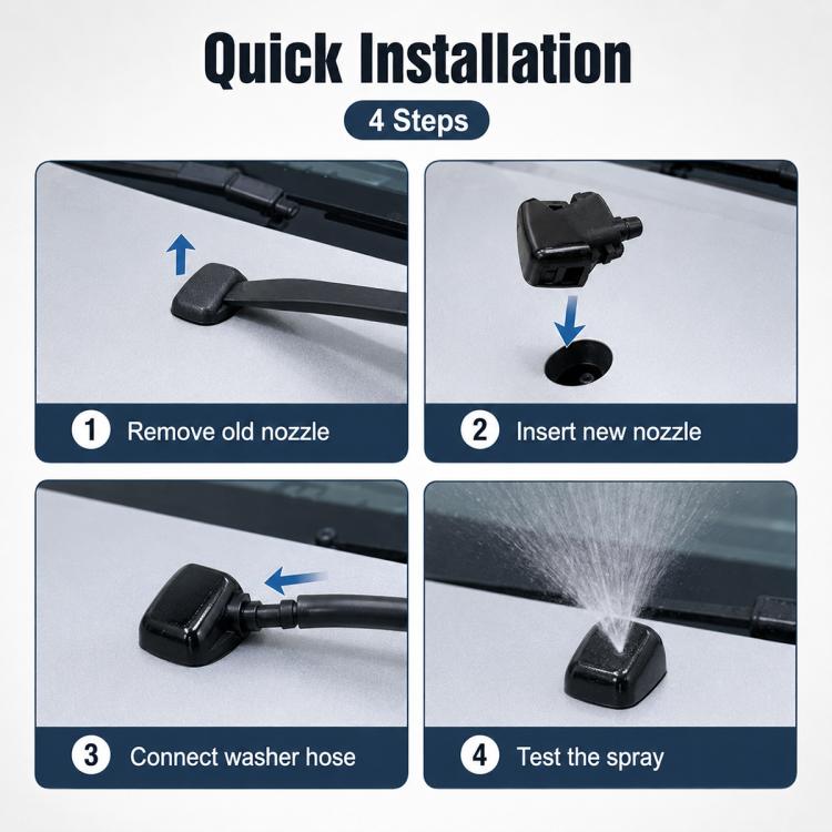 Windshield washer nozzle set shown for quick installation on the wiper arm area