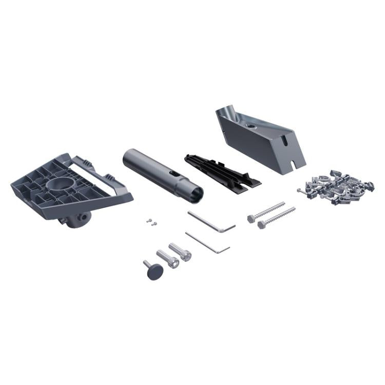 Mount bracket kit with vertical pole, mounting plates, and hardware screws