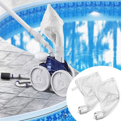 White pool filter bags with plastic hose connectors and filter heads, 2-pack